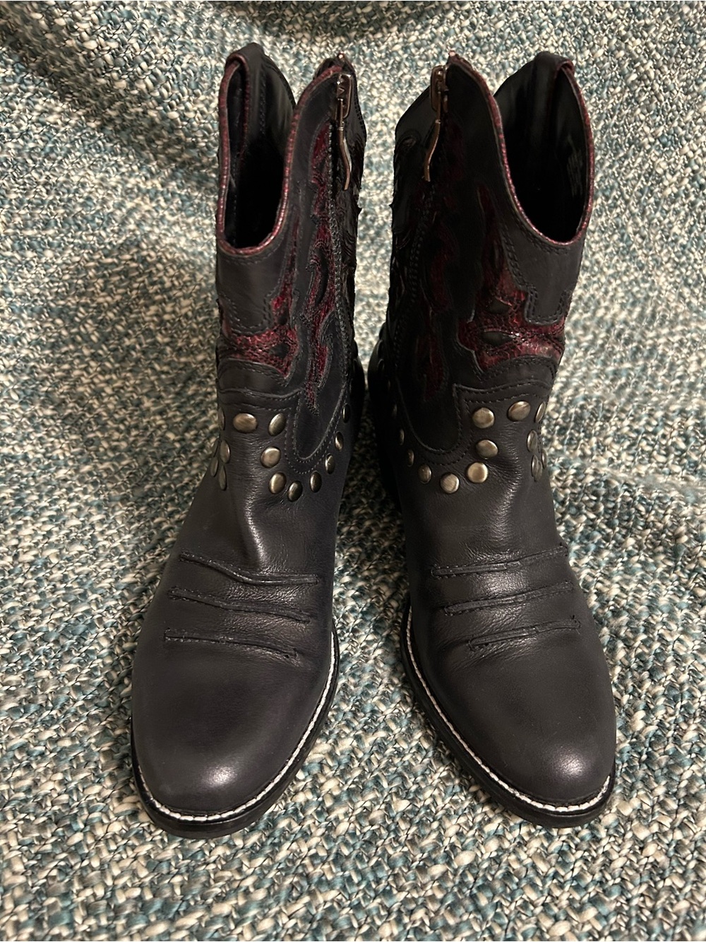 Reba Black Leather Studded Western Booties with Burgundy Stitching - Picture 1 of 7